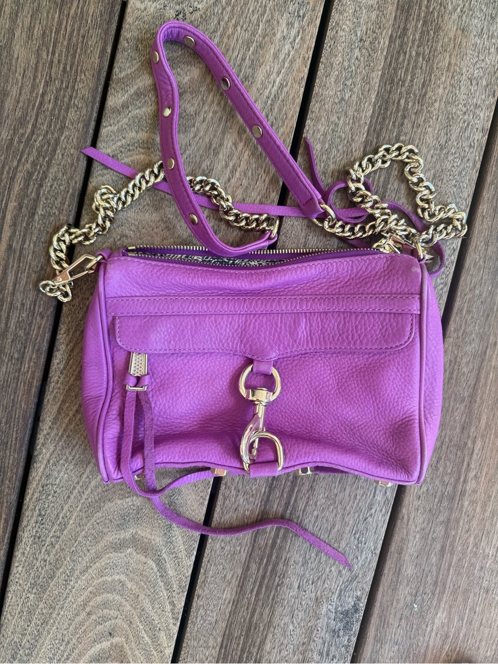 Rebecca Minkoff Purple Pebbled Leather Mini Crossbody with Gold Chain